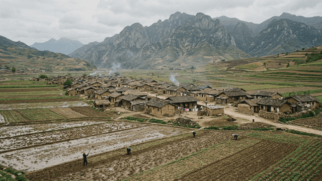 Poor North Korean rural village surrounded by farmland