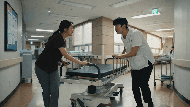 Medical staff pushing a stretcher in a hospital corridor