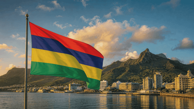 Cityscape with Mauritian flag and mountains