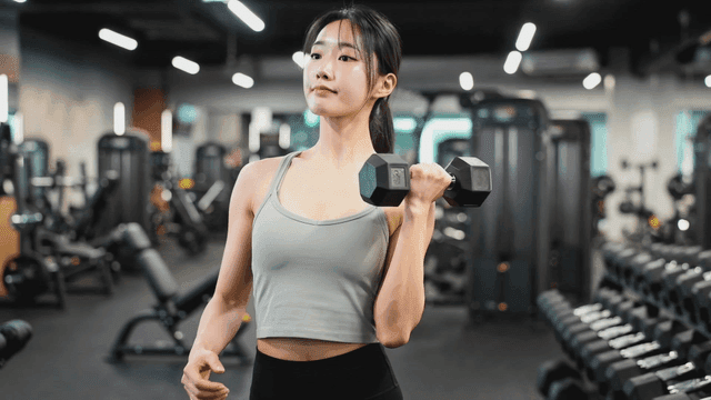 Woman lifting dumbbells at gym