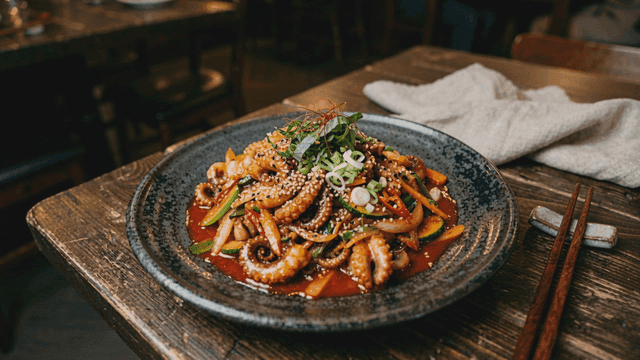 Spicy stir-fried octopus dish on a table