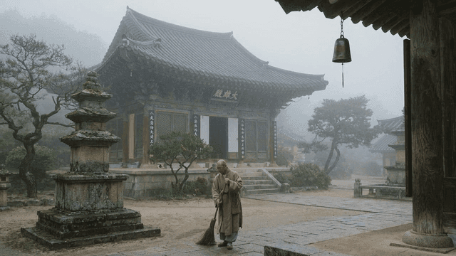 Monk sweeping temple courtyard in fog