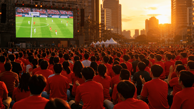 Crowd watching a soccer match on a big screen