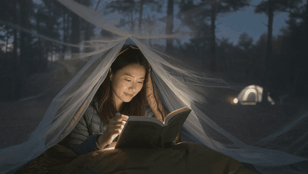 밤에 텐트 안에서 책을 읽는 여성
