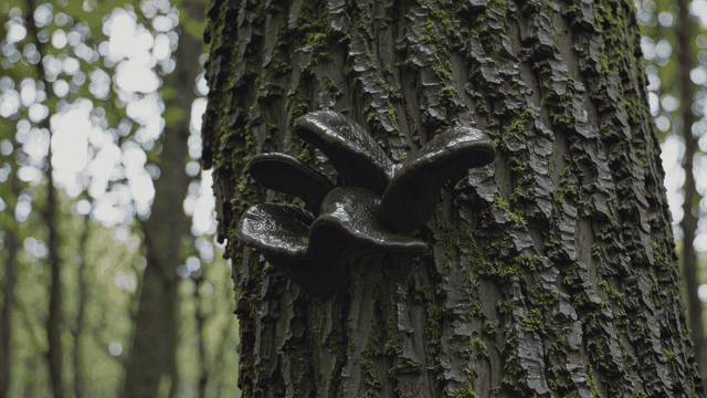 Black mushrooms growing on trees in forest