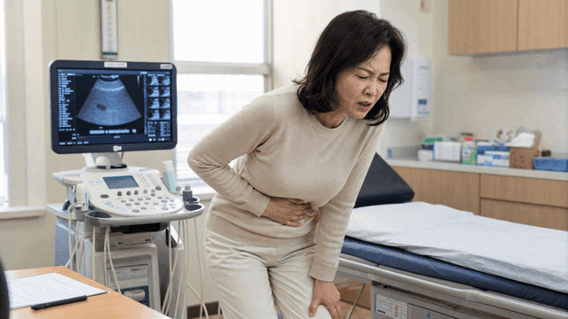 Middle-aged woman experiencing abdominal pain at clinic