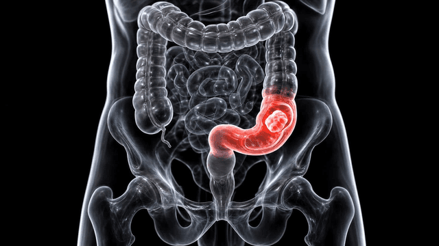 Highlighted part of large intestine with clear tumor
