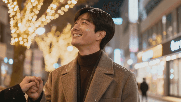 Man smiling under christmas lights