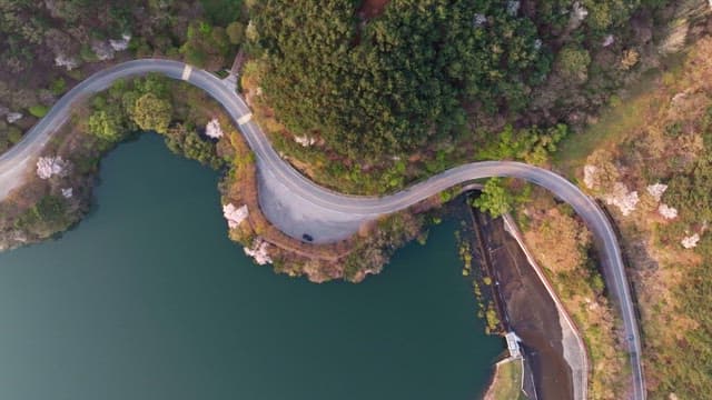 Winding road by a serene lake
