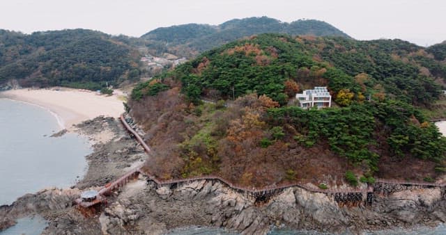 단풍이 물든 숲과 푸른 해변가의 산책로