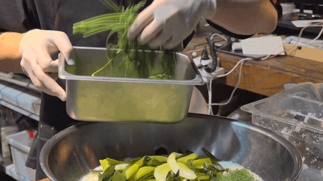 Chef placing fresh herbs and vegetables into bowl