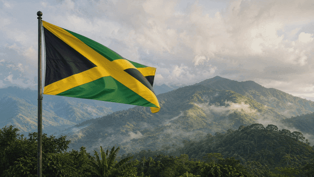 Jamaican flag fluttering in front of foggy mountain