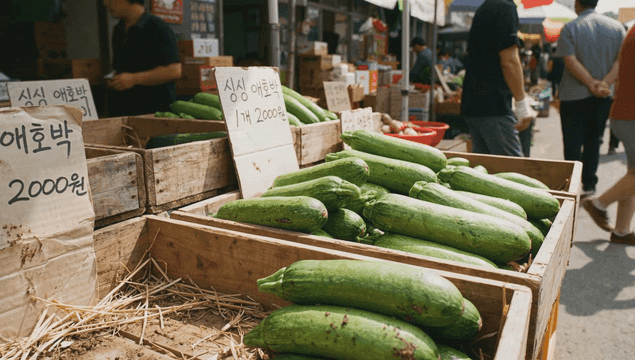 시장 가판대에 진열된 신선한 애호박