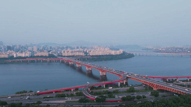 Seoul cityscape with grand bridge over the Han River