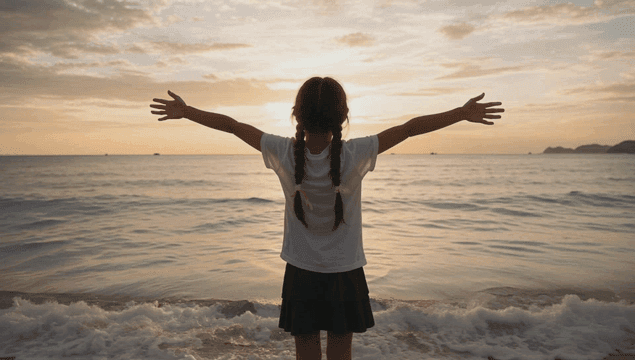 Back view of a girl enjoying the sunset at the beach