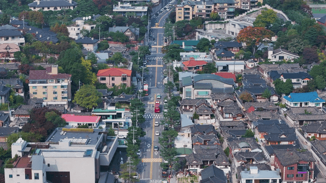 전통 한옥과 현대 주택이 어우러진 도로 전경