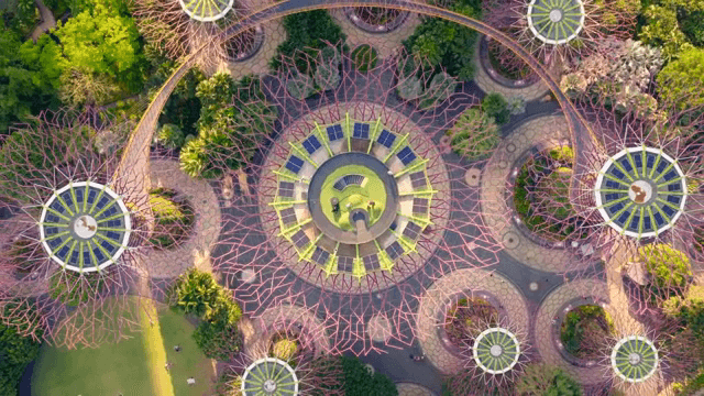 거대한 구조물이 있는 미래형 정원