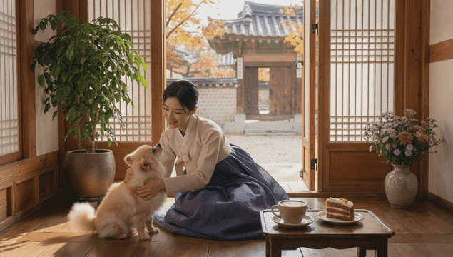A woman in hanbok with a dog indoors