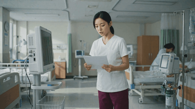 Nurse checking patient monitor in hospital