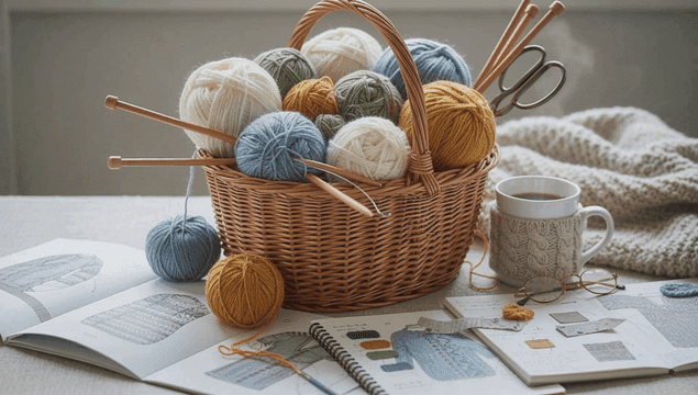 다양한 색상의 실과 뜨개 도구가 담긴 바구니