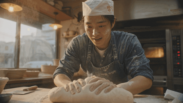 Baker making dough in cozy bakery kitchen