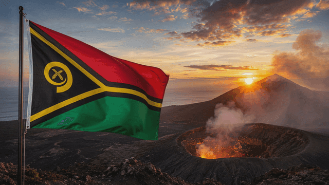 Vanuatu flag waving near an active volcano at sunset