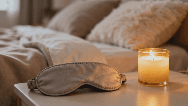 촛불과 안대가 있는 아늑한 침실