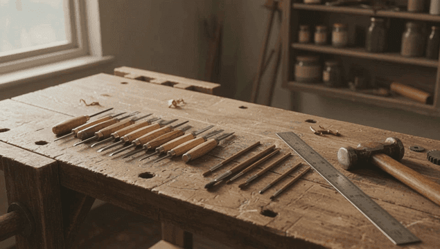 작업대에 정리된 목공 도구들