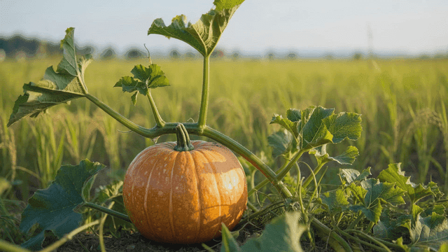 Pumpkins growing in green fields
