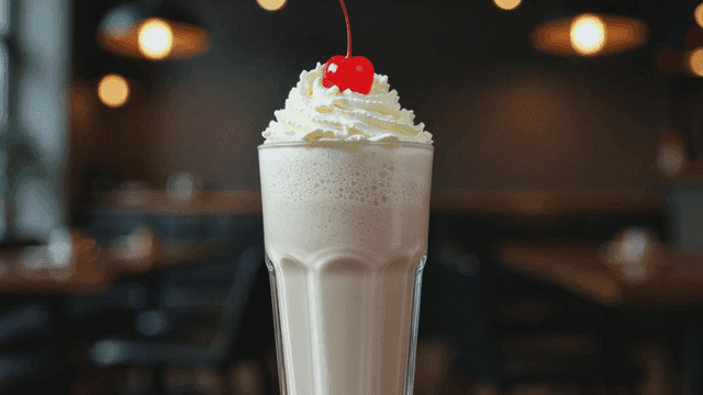 Milkshake topped with whipped cream and cherries