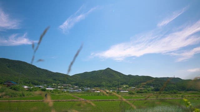 Serene rural landscape with lush mountains