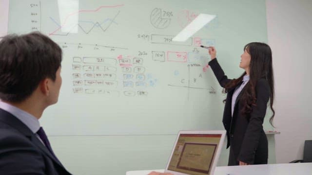 Woman in suit presenting on whiteboard in office