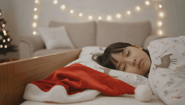 Child sleeping peacefully with Christmas lights