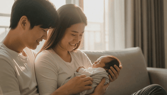 사랑스럽게 신생아를 안고 있는 부부