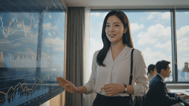 Woman explaining while gesturing at monitor graph