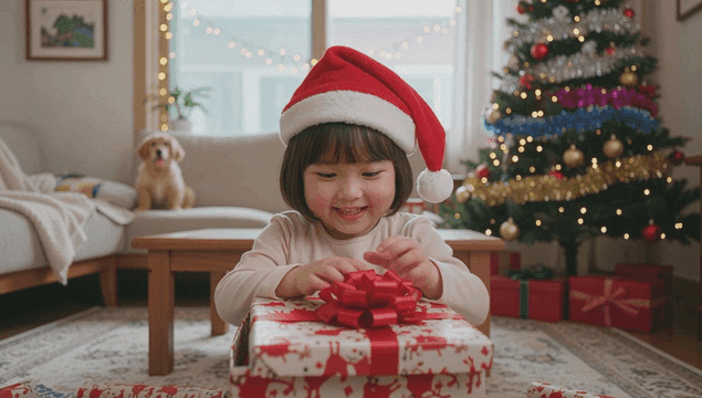 거실에서 크리스마스 선물을 여는 아이