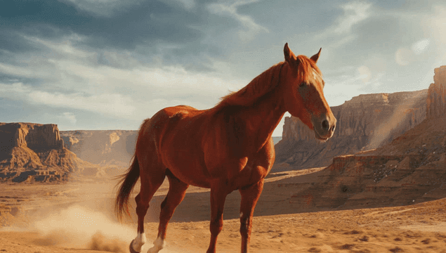 Red horse running across desert cliff landscape