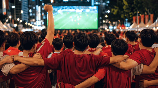 Crowd watching a soccer match on a big screen