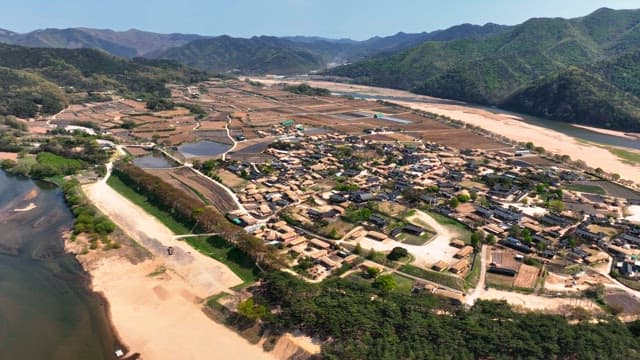 Traditional Korean house village surrounded by mountains