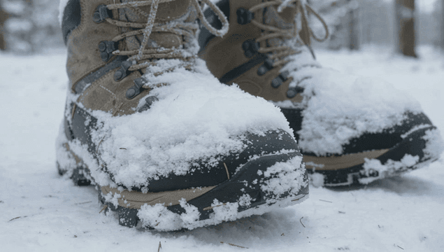 Snow-covered boots lying on winter ground
