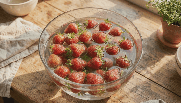 Strawberries soaking in a glass bowl