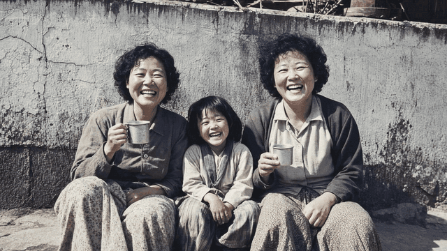 Woman and child from 70s smiling while holding cups.