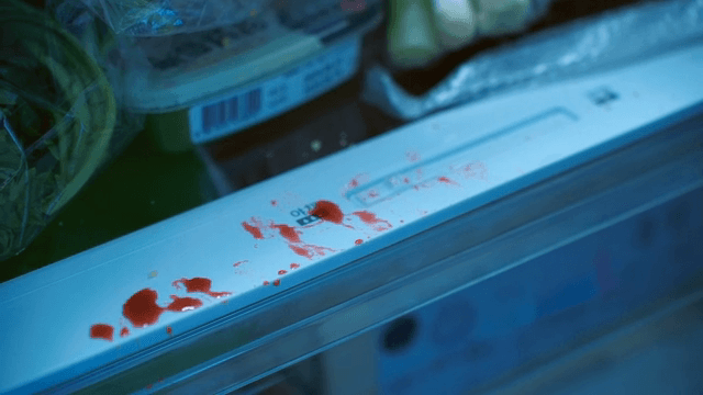 피 얼룩이 묻어 있는 냉장고 안
