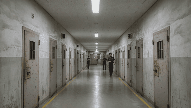 Guards in a dark prison corridor