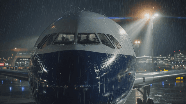 Airplane on a rainy night at the airport