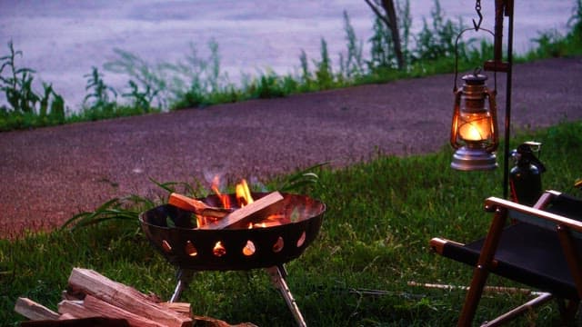 Roaring firewood in a brazier near the lake in the evening