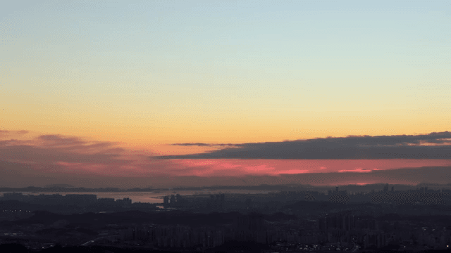 City skyline at sunset with colorful sky