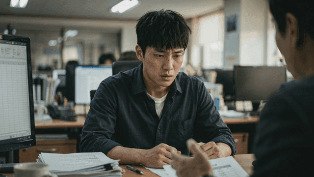 Two office workers discussing documents with serious expressions