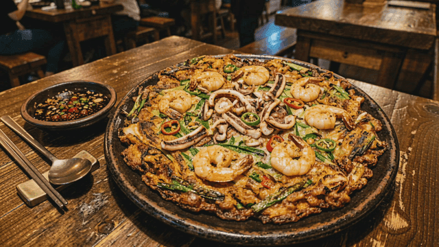 Korean seafood pancake on a table