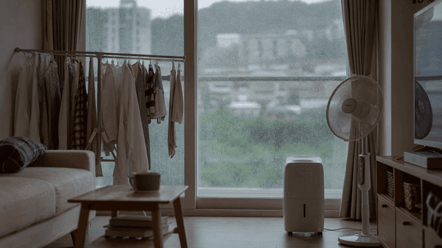 Rainy day view from a cozy living room